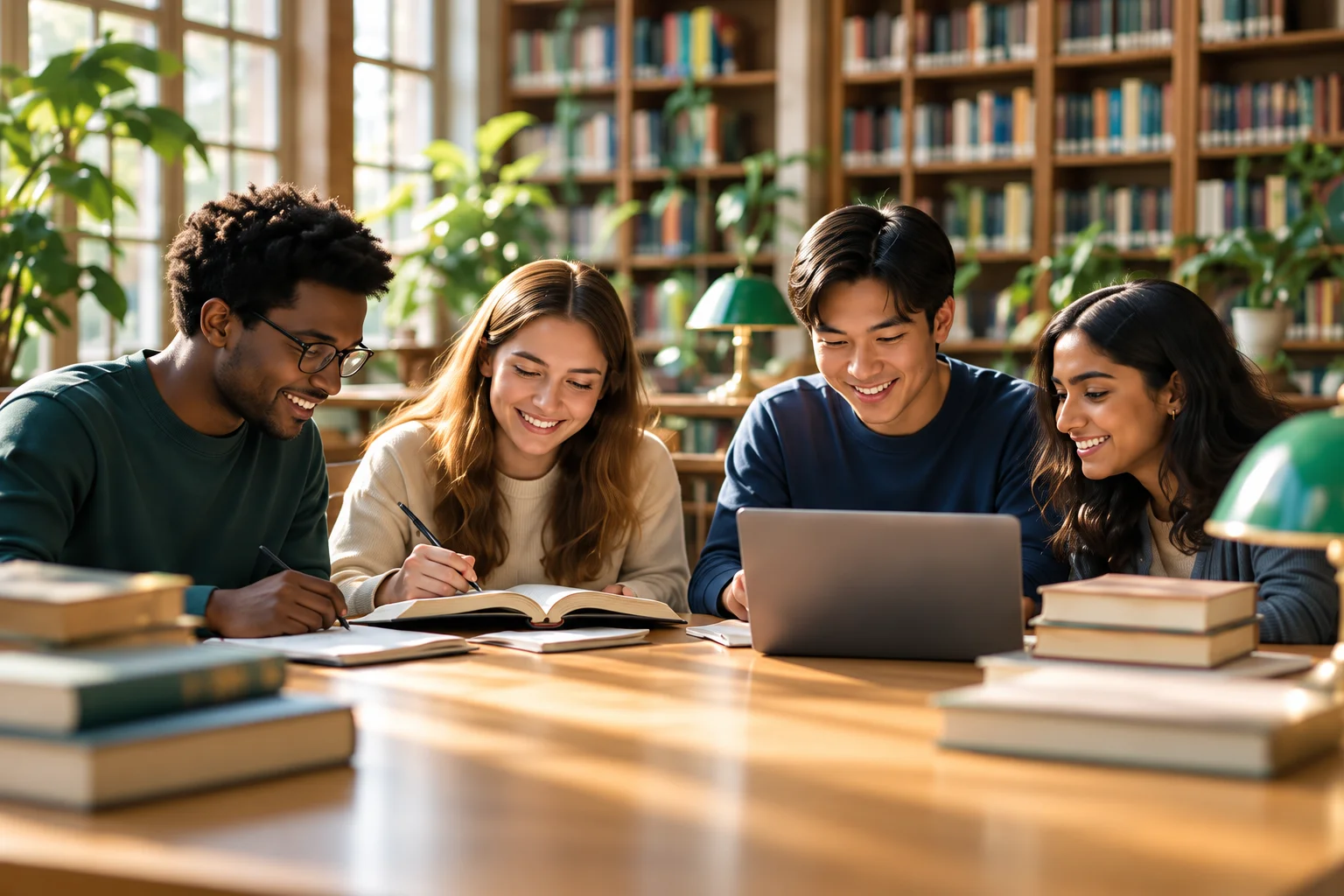 University students studying together with books and a laptop in a library