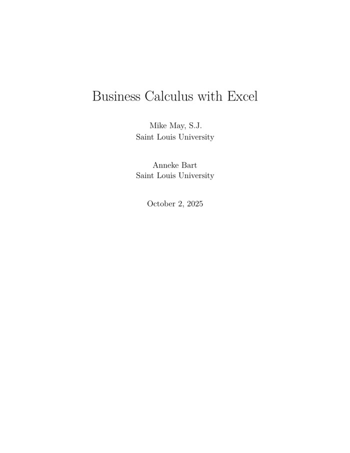 Title page of Business Calculus with Excel, October 2, 2025