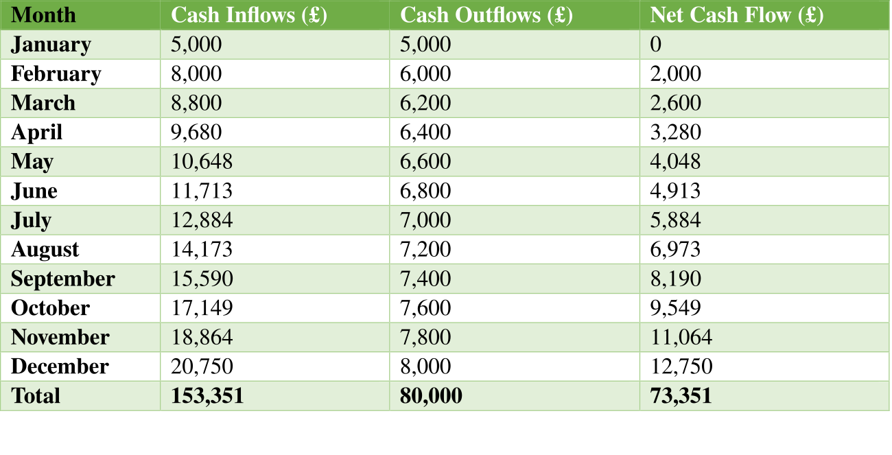 AfriChic projected monthly cash flow