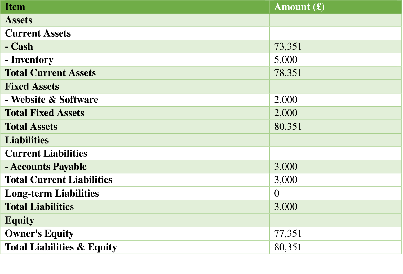 AfriChic projected balance sheet