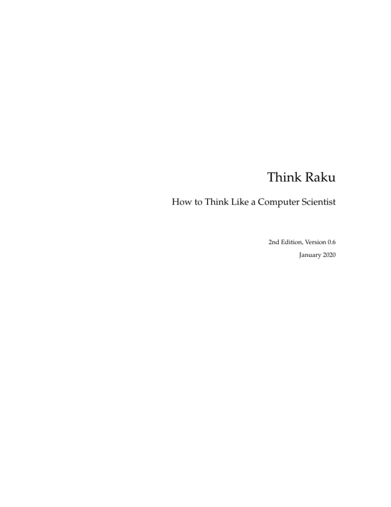 Original cover of Think Raku: How to Think Like a Computer Scientist by Laurent Rosenfeld, Allen B. Downey